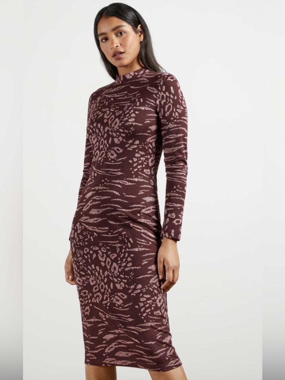 TED BAKER Deeh long-Sleeved Stretchy Knit Animal Print Midi Dress Size 4 / Large